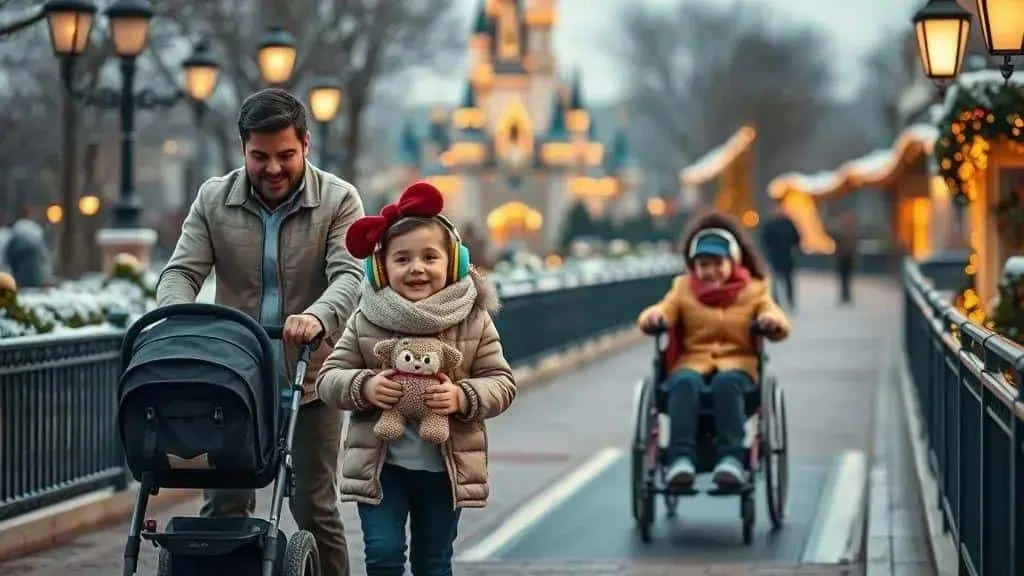 A family with a pushchair and a wheelchair user in a festive park