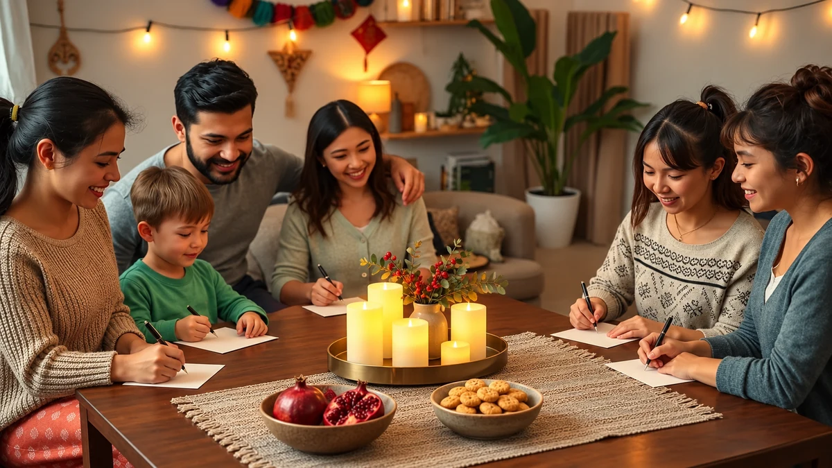 A family writing wishes beside battery powered candles