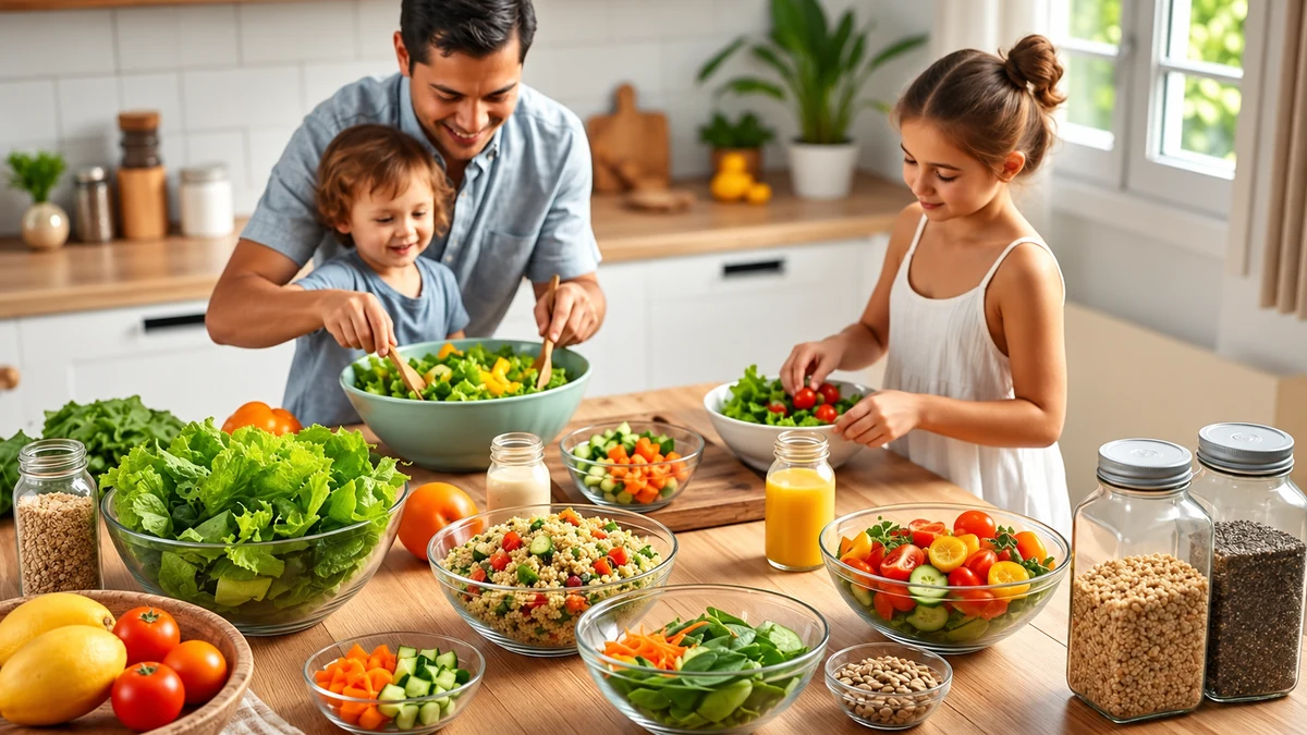 A father supervising two children preparing fresh salads