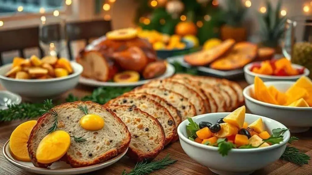 A festive buffet with fruit bread and roast dishes A festive buffet with fruit bread and roast dishes