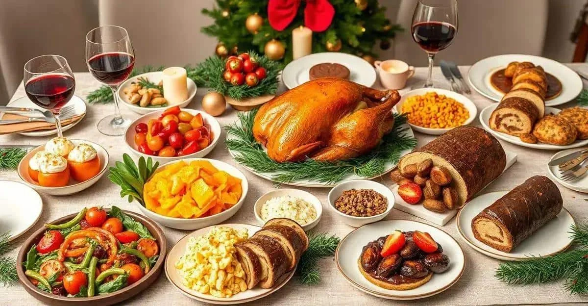 A festive dinner spread with roast poultry vegetables and sponge rolls