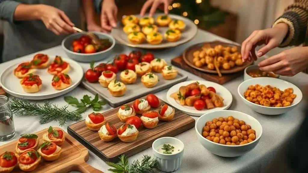 A festive table of small savoury appetisers and vegetable dishes
