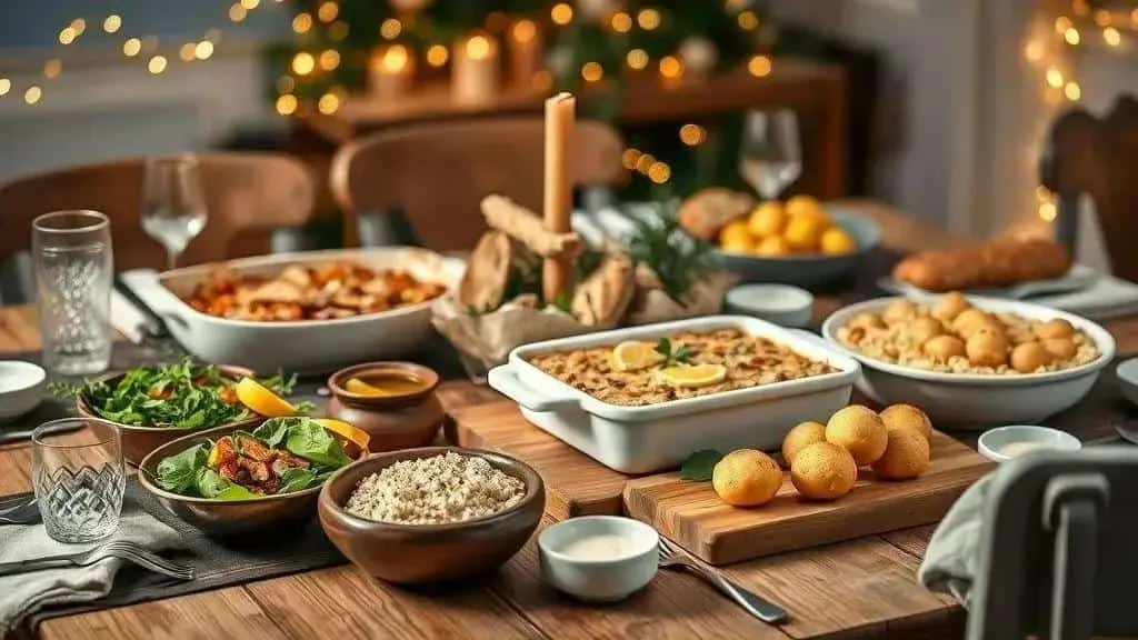 A festive table with cod dishes, rice, salad and fritters