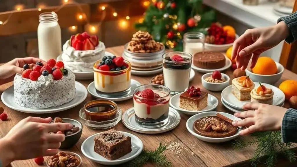 A festive table with fruit-topped cakes, pudding pots and chocolate desserts
