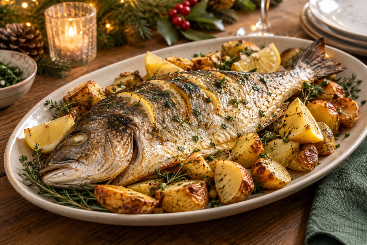 A fully cooked whole sea bream arranged on a platter with lemon wedges and roasted potatoes