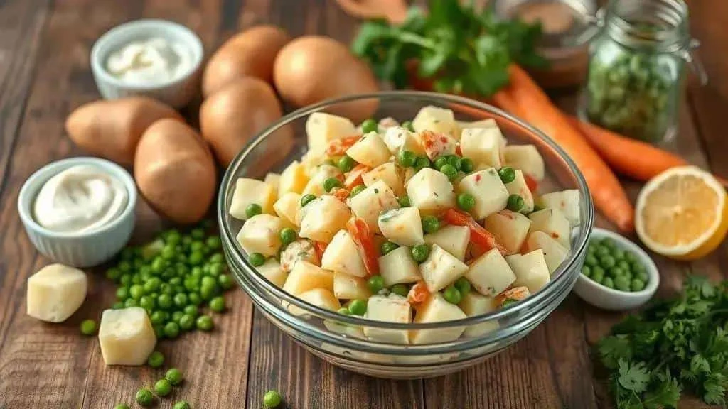A glass bowl of potato salad with peas, carrot and chopped herbs