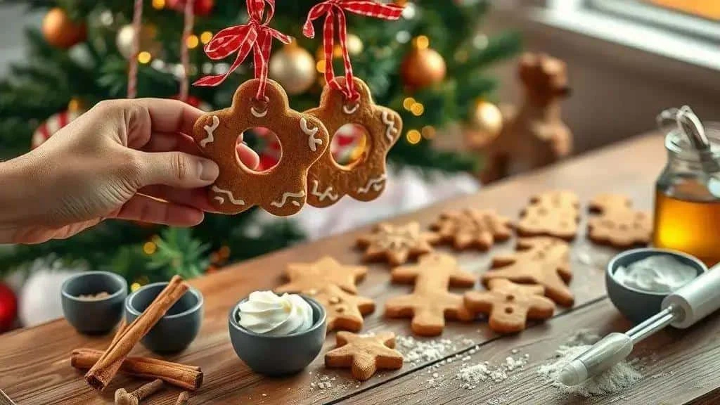 A hand holding iced gingerbread ornaments on ribbons beside a Christmas tree