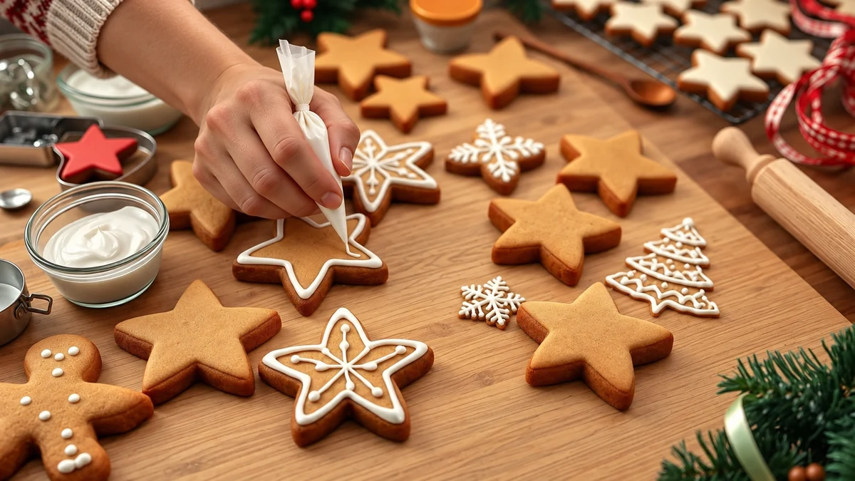 A hand piping white icing around a star-shaped gingerbread biscuit
