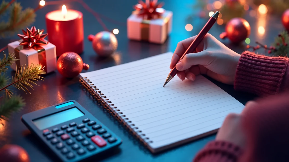 A hand writing in a notebook beside a calculator A hand writing in a notebook beside a calculator
