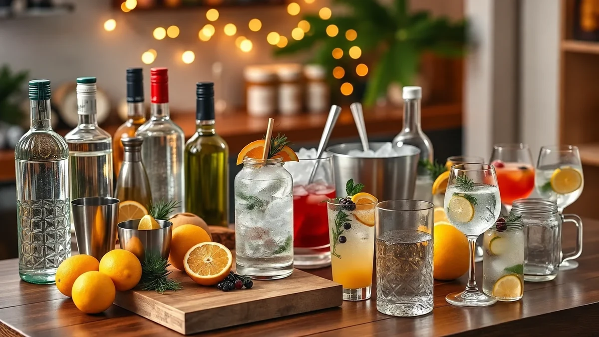 A home drinks station with citrus, bottles, glasses and ice