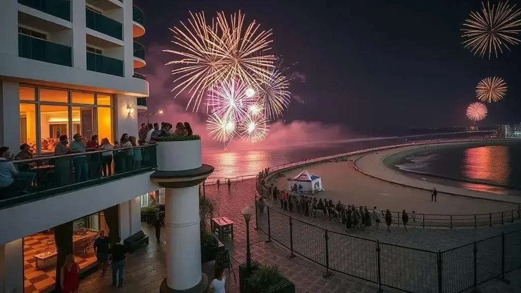 A hotel balcony overlooking an illustrated seafront fireworks display A hotel balcony overlooking an illustrated seafront fireworks display