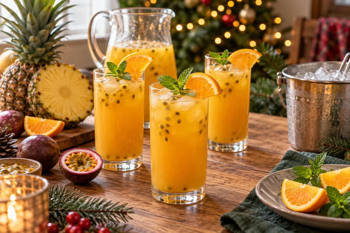 A jug and glasses of tropical Christmas fruit juice
