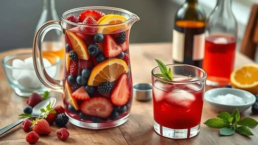 A jug of berry clericot with mixed fruit