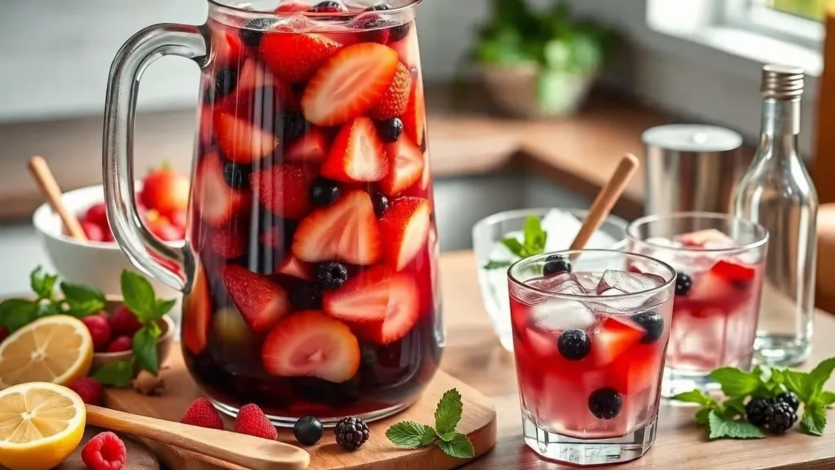 A jug of berry punch with strawberry slices and serving glasses