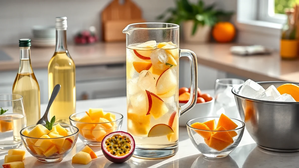 A jug of pale fruit punch with peach slices and passion fruit