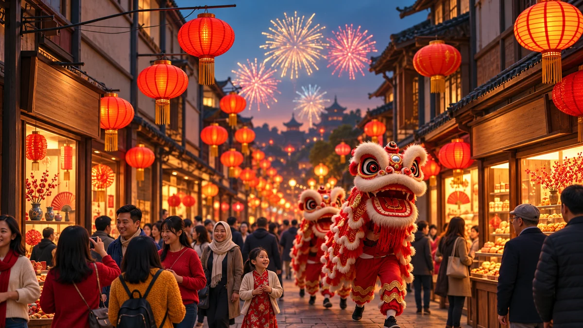 A lion dance beneath lanterns at a Lunar New Year celebration