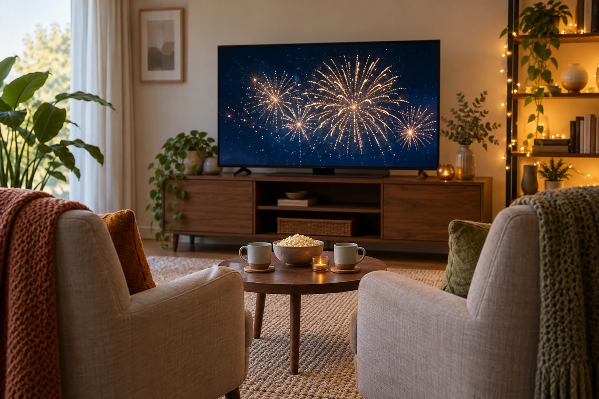 A living room prepared for watching fireworks at home