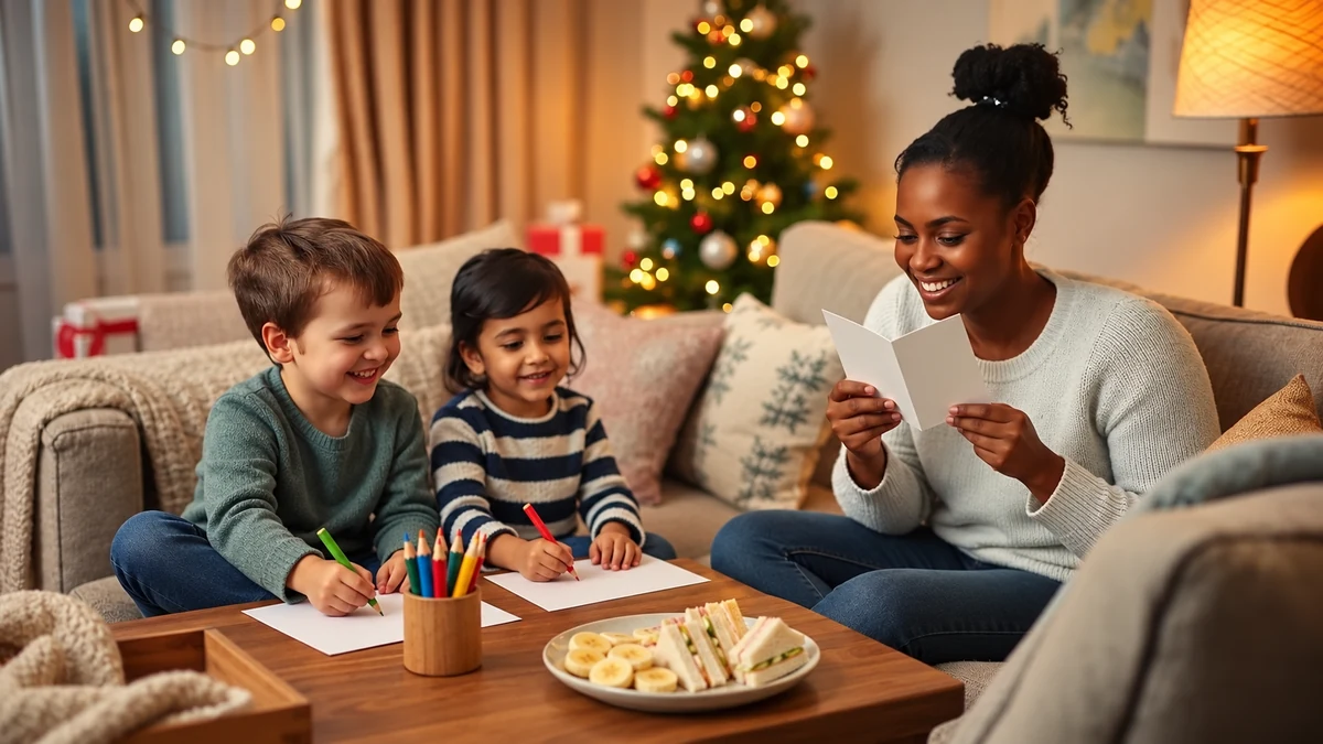 A mother and children making cards during a film night break A mother and children making cards during a film night break