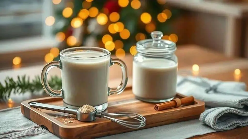 A mug of eggnog with a covered jar and festive lights