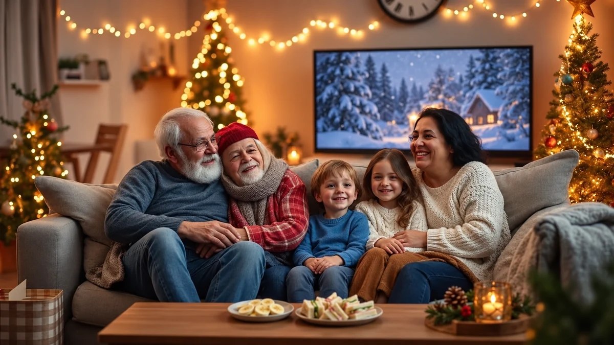 A multigenerational family enjoying a Christmas film night