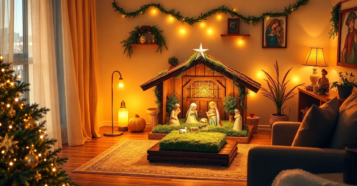 A Nativity display in a warmly lit sitting room
