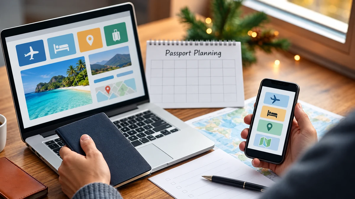 A passport planning notebook with a phone and plain booklet