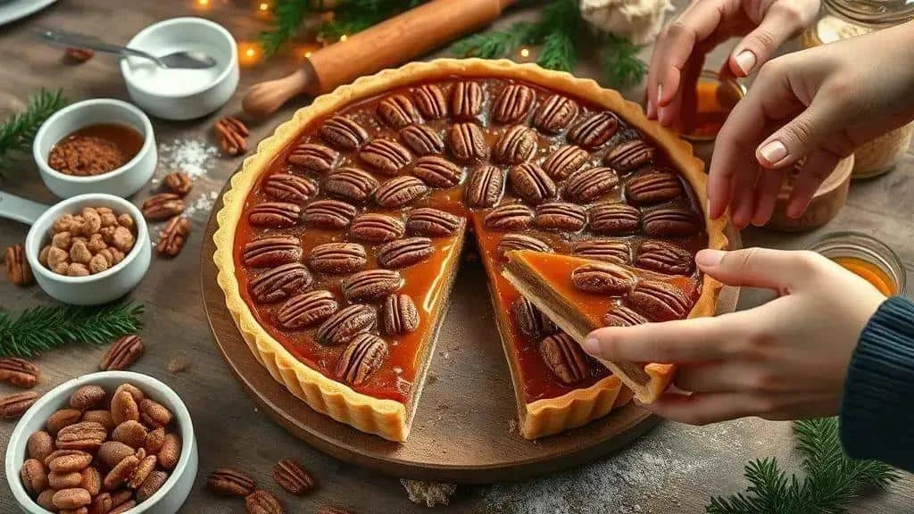 A pecan pie with a wedge being lifted from the dish