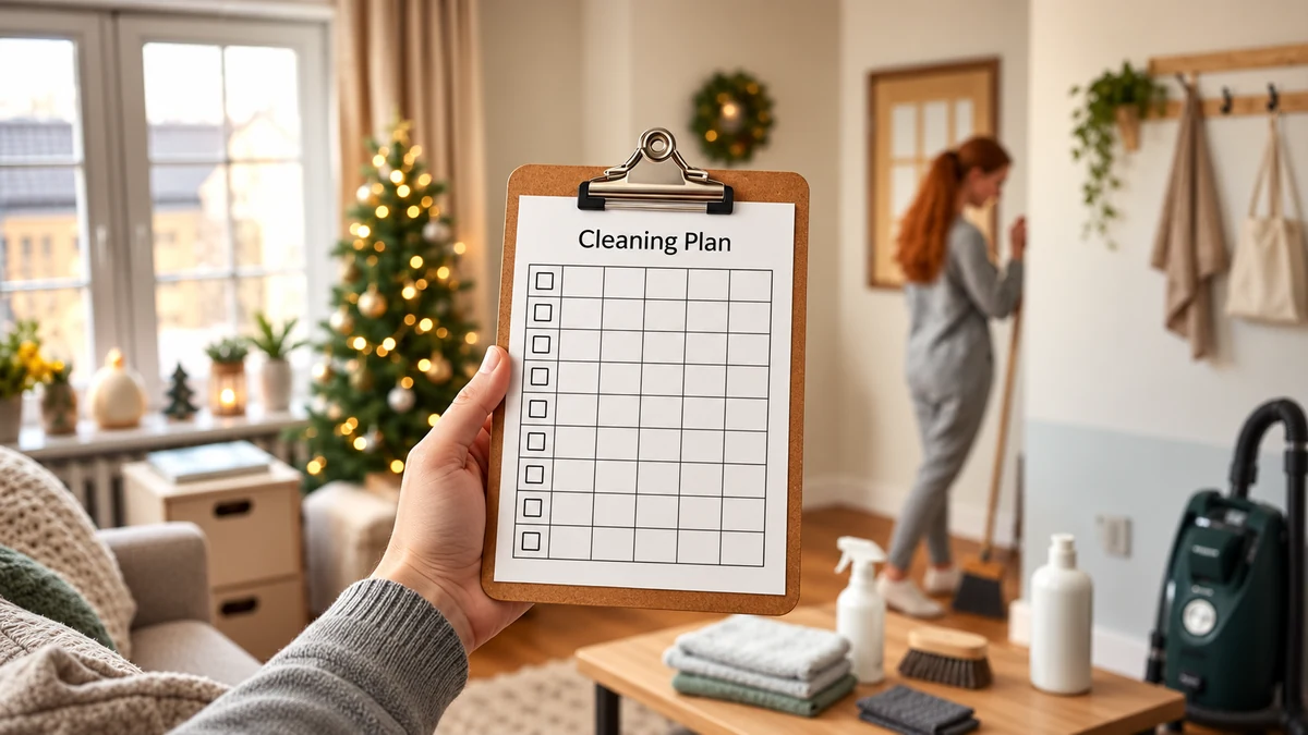 A person holding a cleaning plan in a bright living room