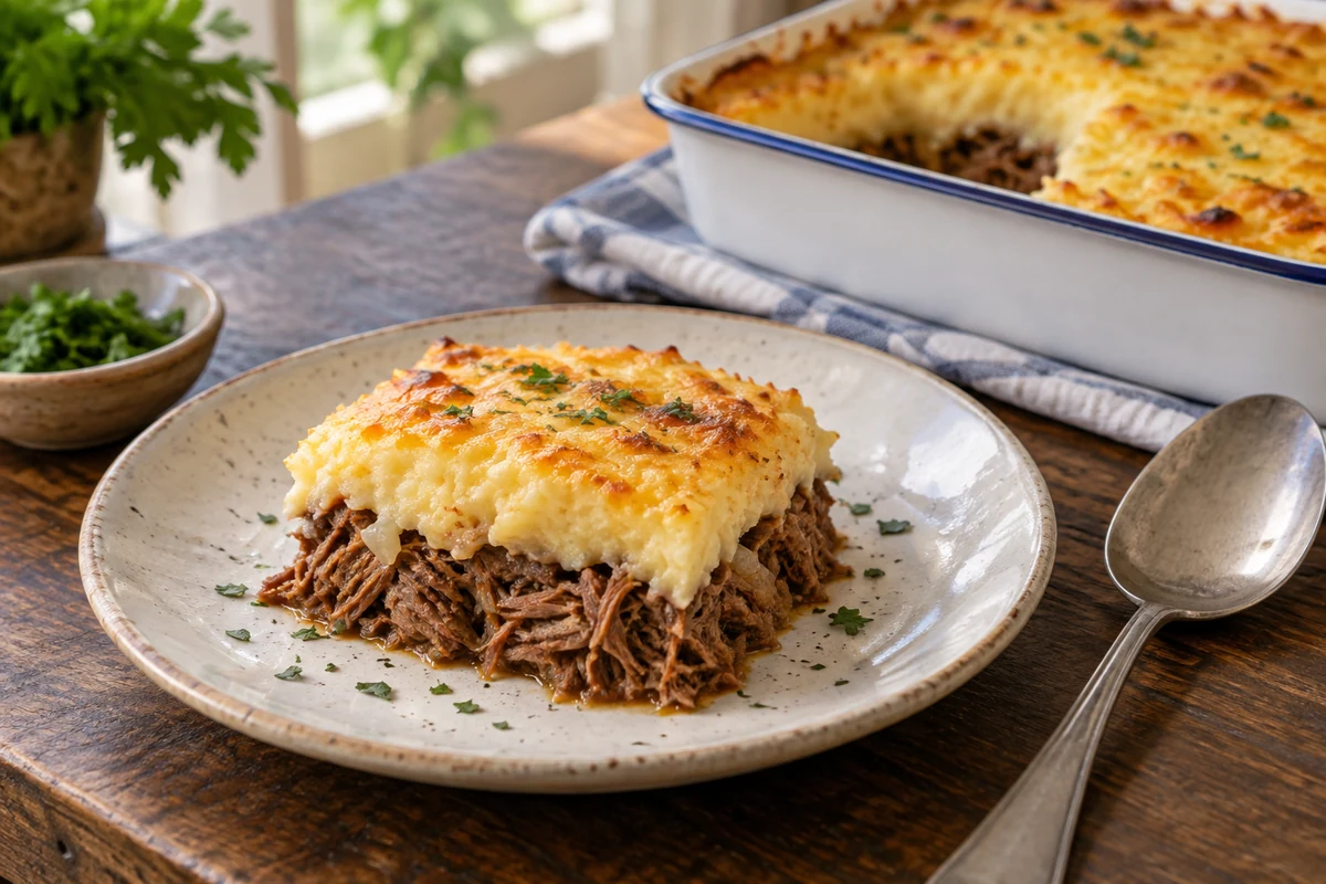 A portion of beef and cassava pie ready to serve A portion of beef and cassava pie ready to serve