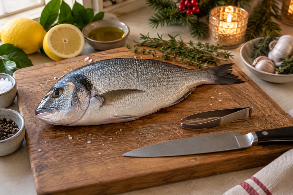A prepared whole sea bream on a clean board beside fish-bone tweezers and a plain knife, no people
