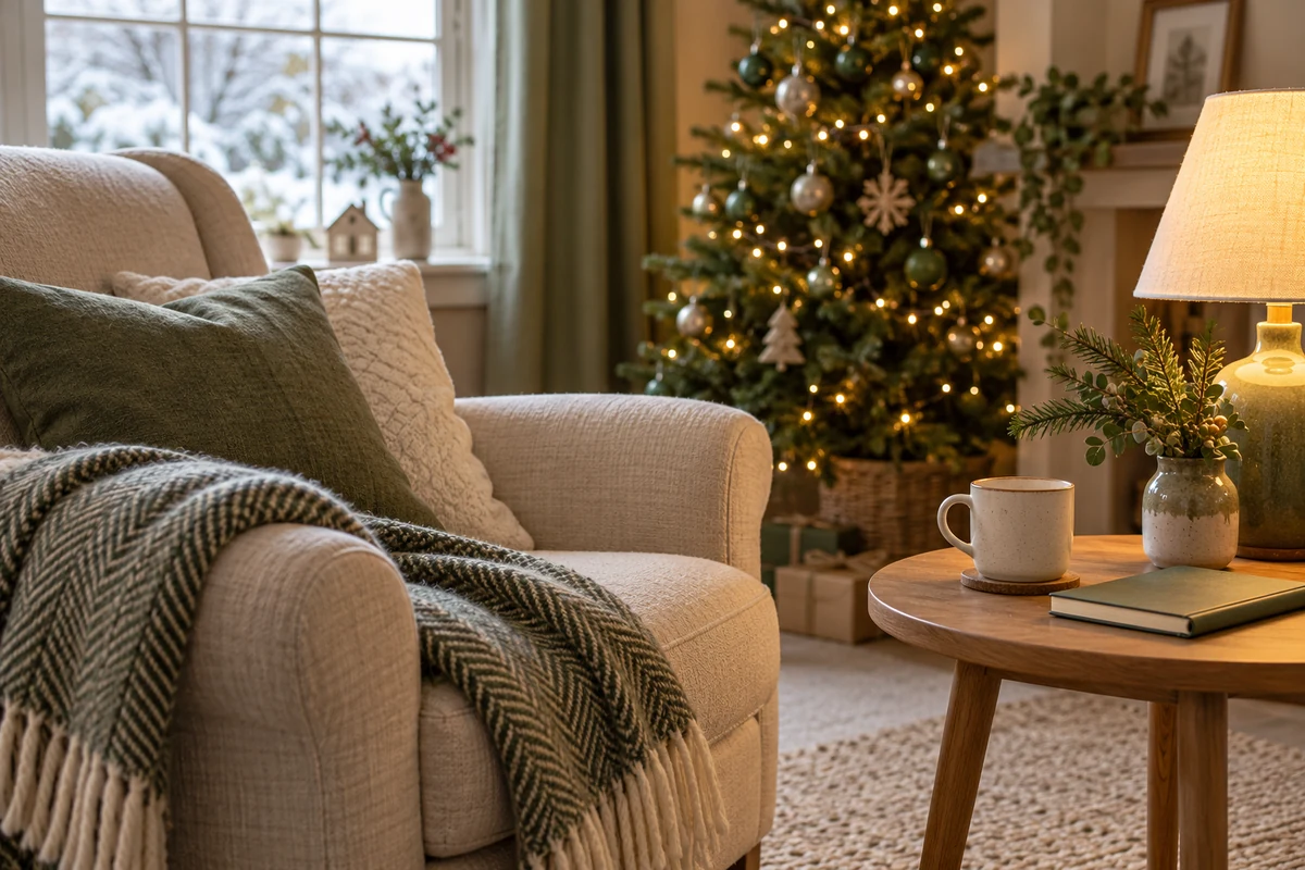 A quiet armchair and notebook beside a Christmas tree A quiet armchair and notebook beside a Christmas tree