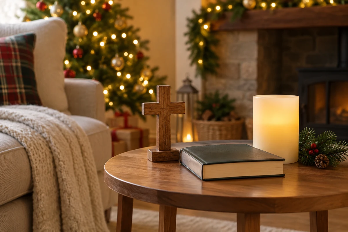 A quiet Christmas reflection with a wooden cross and LED candle