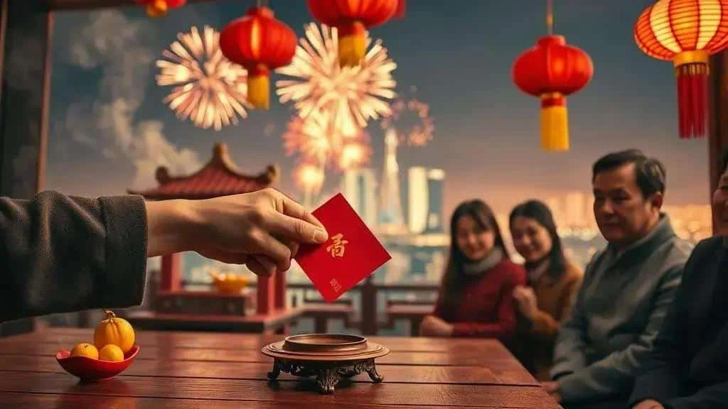 A red envelope held during a family celebration A red envelope held during a family celebration