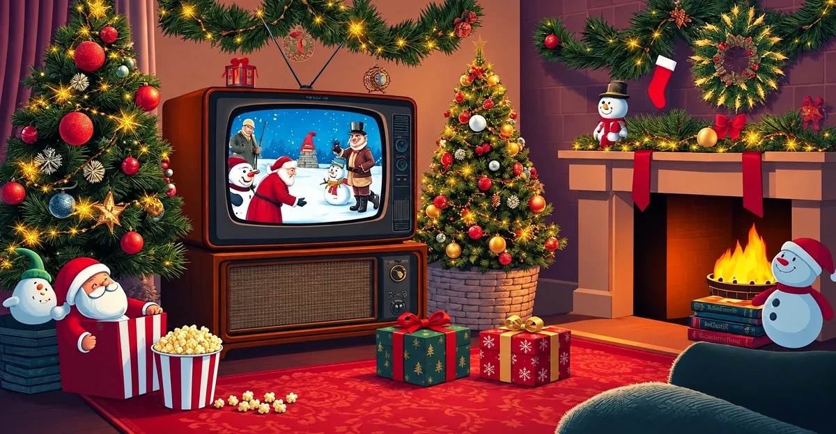 A retro television in a festive sitting room