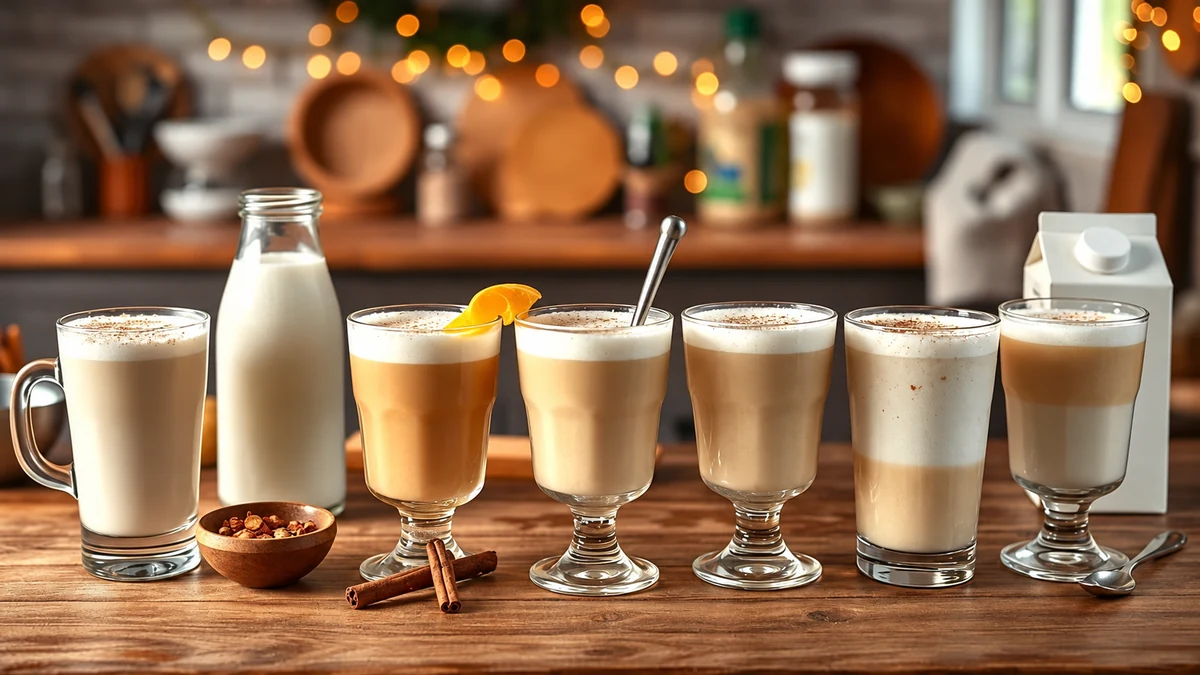 A row of creamy eggnog drinks on a festive kitchen table