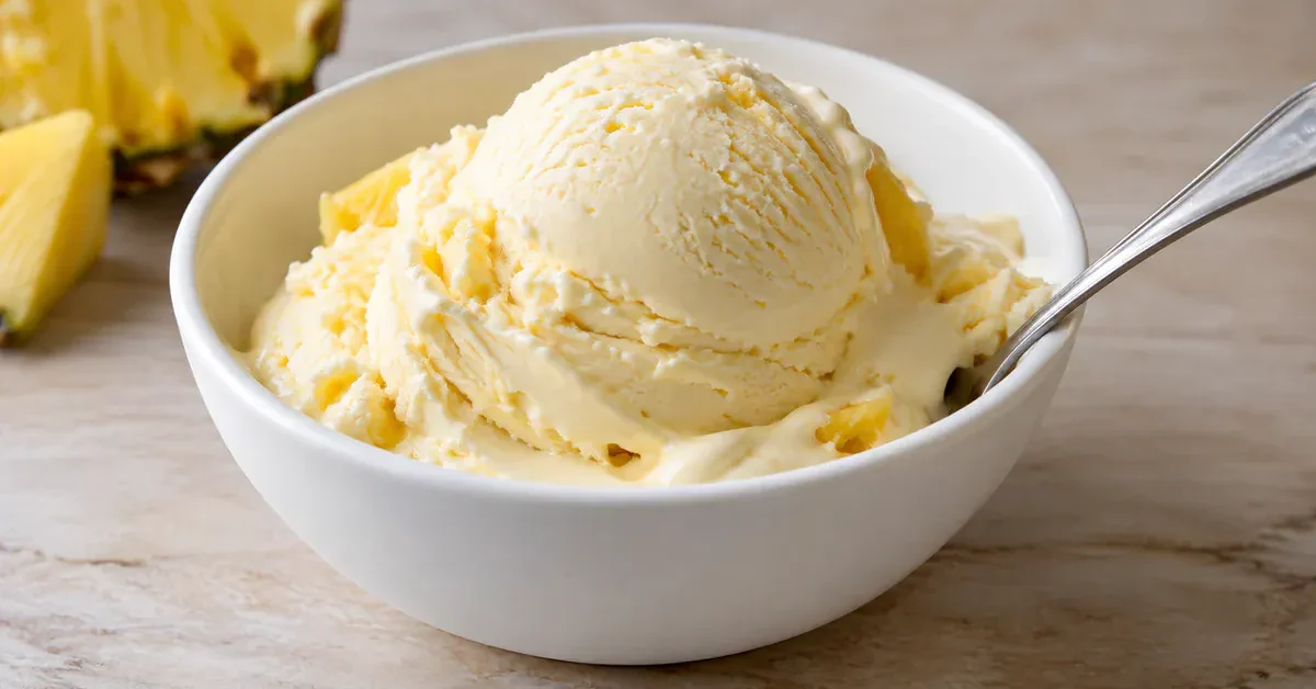 A scoop of creamy pineapple ice cream in a white bowl