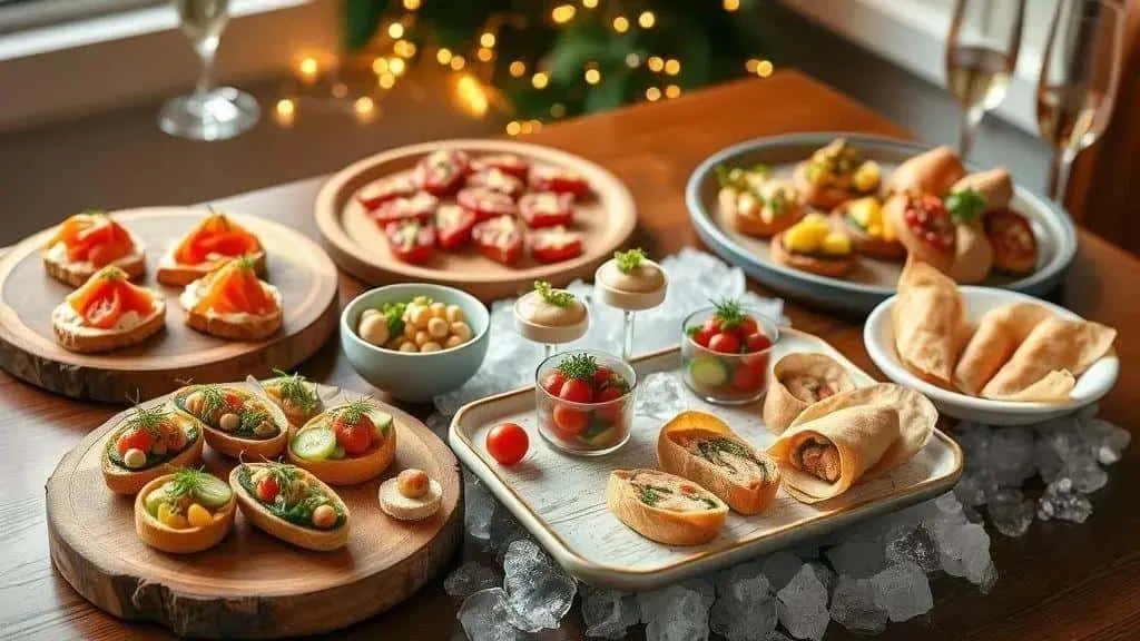 A selection of canapes salads and wraps for New Years Eve
