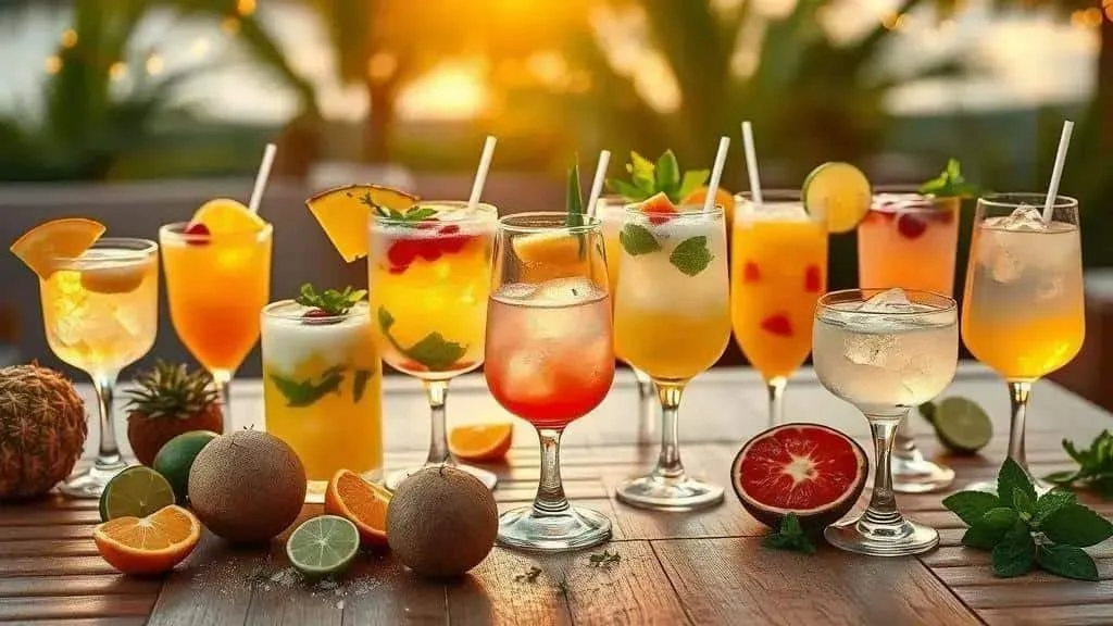 A selection of colourful tropical drinks on a wooden table