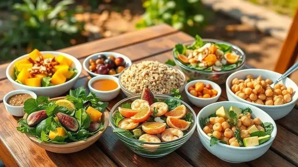 A selection of five salads with vegetables and grains