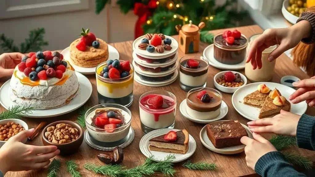 A selection of fruit desserts, chocolate squares and chilled pudding pots