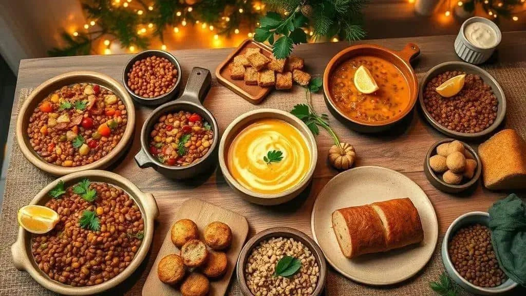 A selection of lentil dishes, soup and bread on a festive table