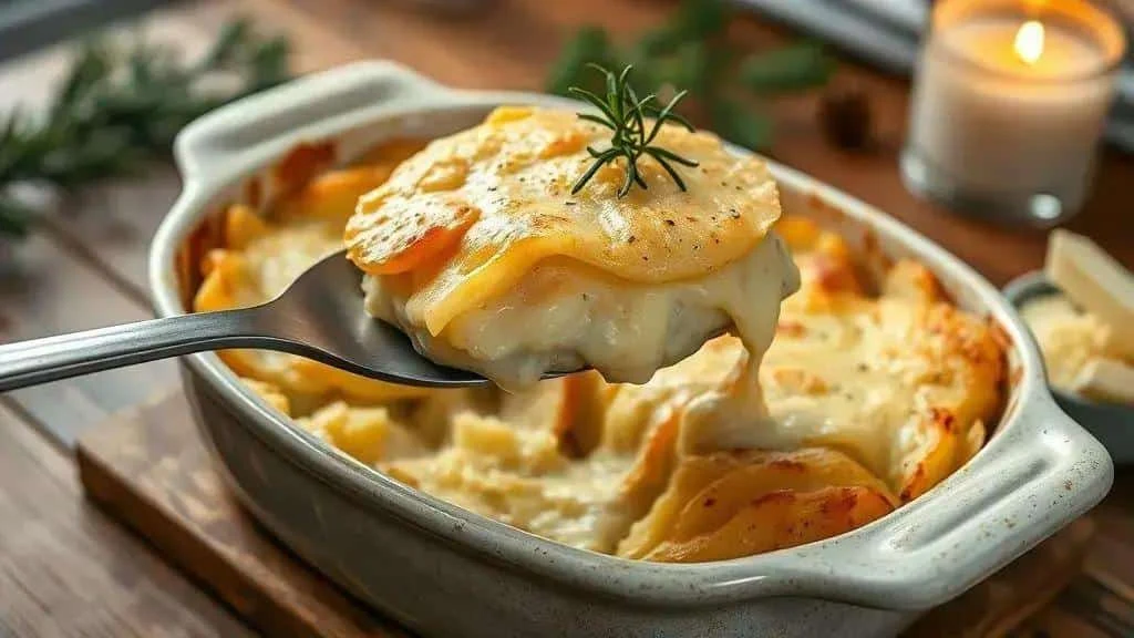 A serving of creamy golden potato gratin A serving of creamy golden potato gratin