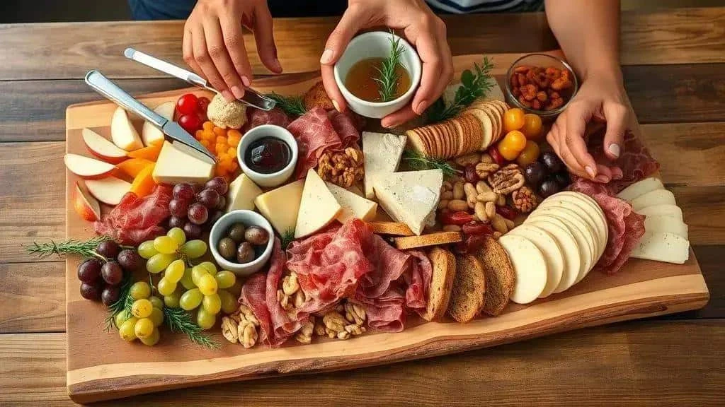 A sharing board of cheeses, cured meats, crackers, fruit and nuts