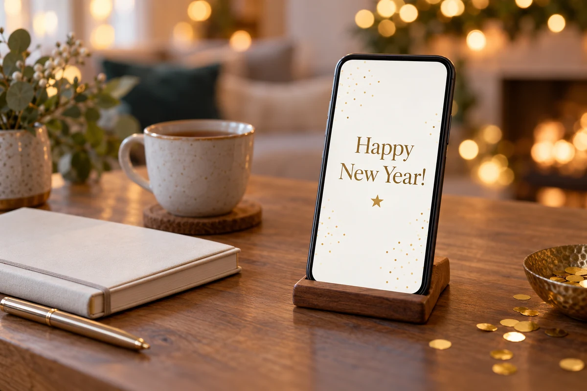 A simple New Year greeting displayed on a phone