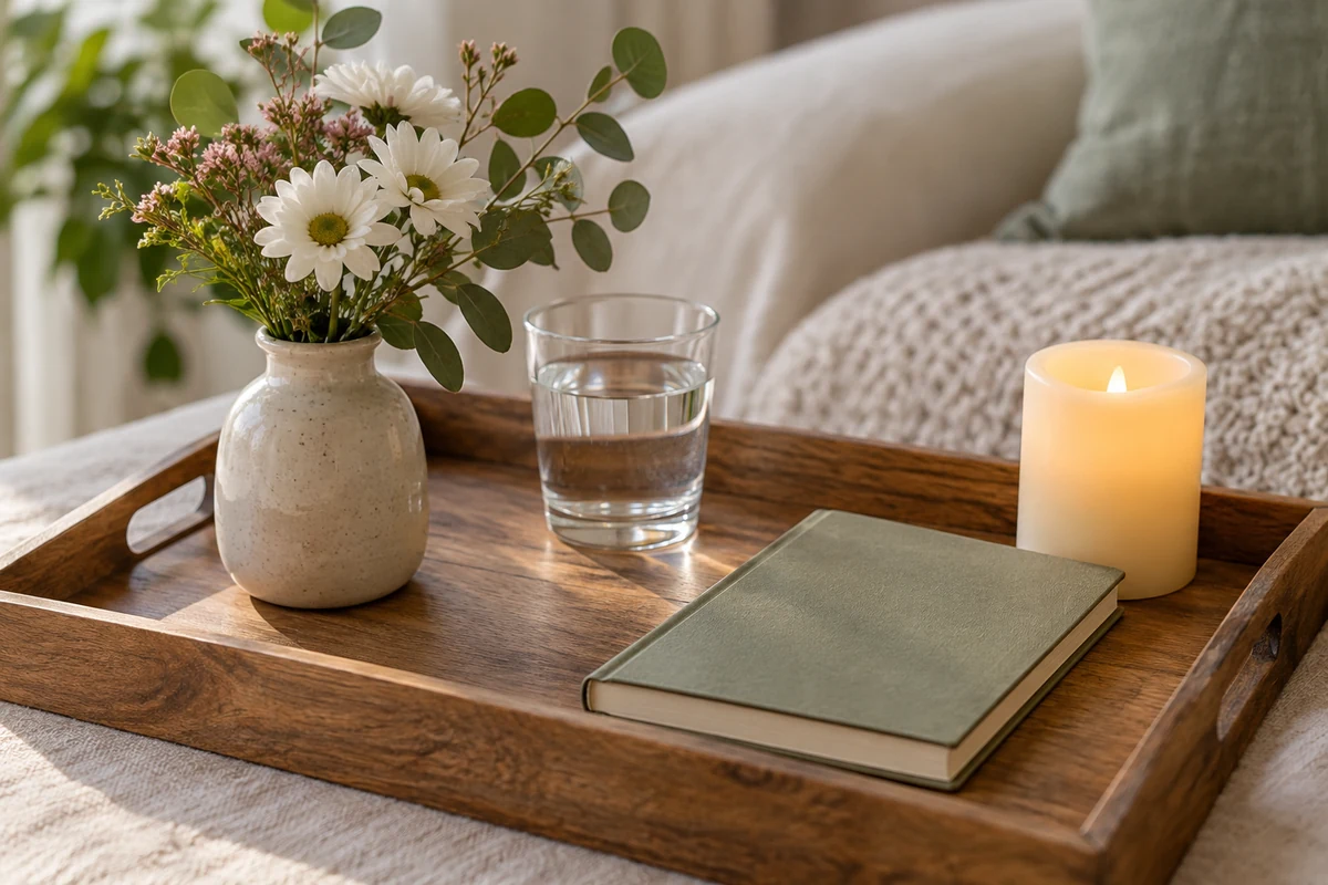 A simple reflection tray with flowers and an LED candle
