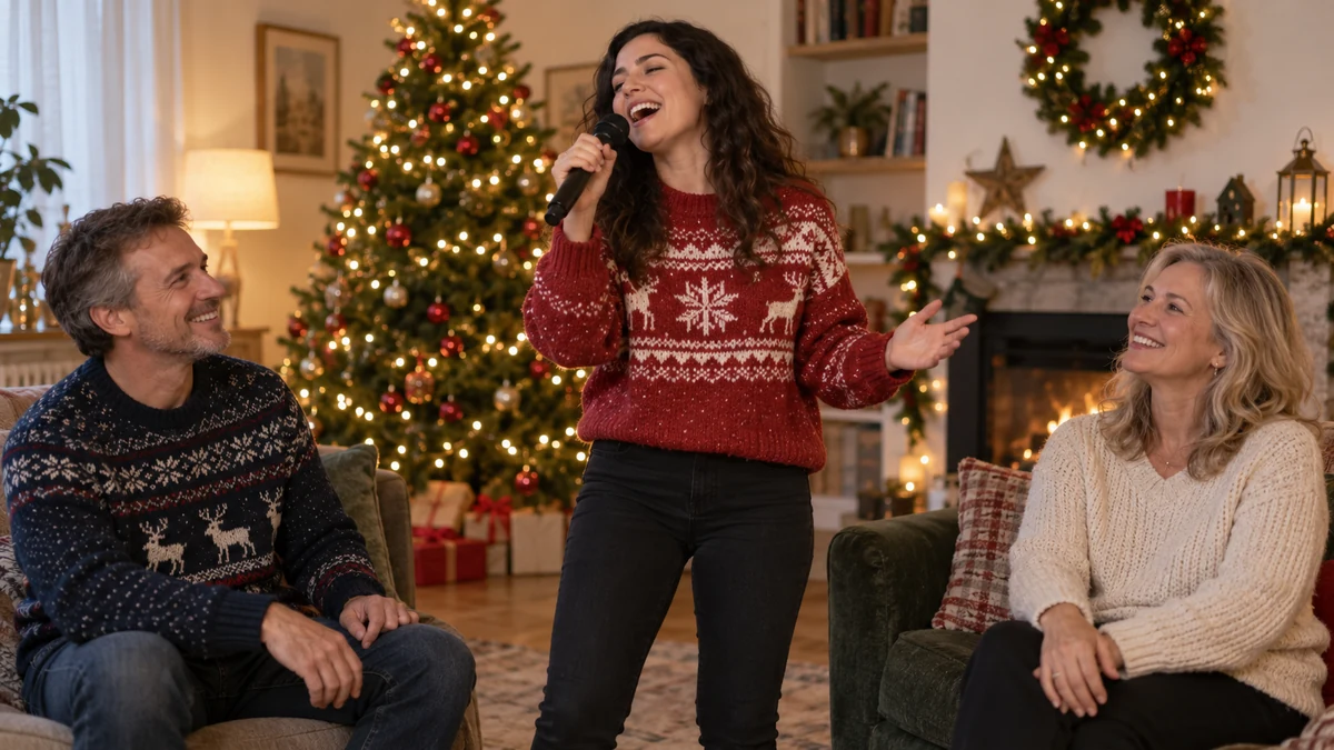 A singer sharing Christmas songs with seated friends