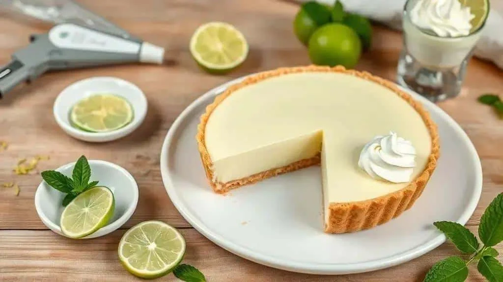 A slice of chilled lime tart with cream A slice of chilled lime tart with cream