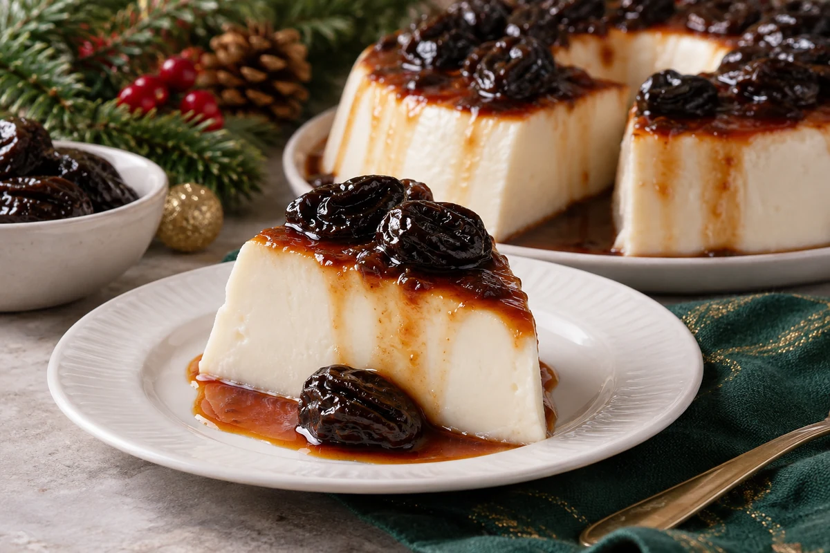 A slice of coconut pudding with prune sauce at a festive table A slice of coconut pudding with prune sauce at a festive table
