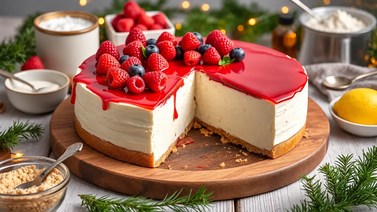 A sliced berry-topped cashew cheesecake on a wooden board
