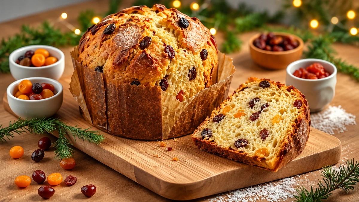 A sliced domed panettone-style fruit loaf on a wooden board
